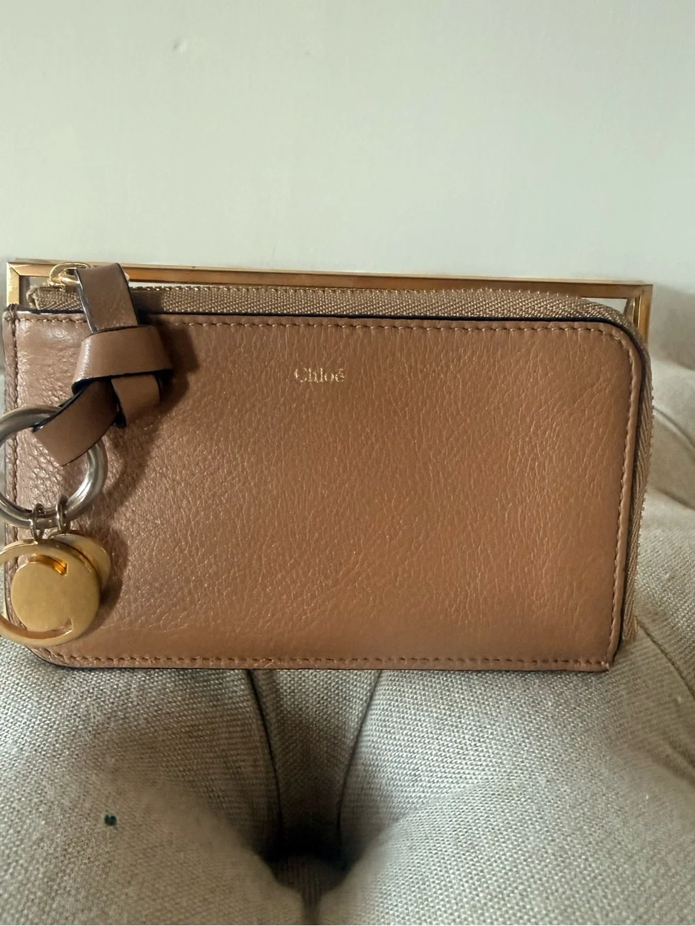 Chloé Alphabet Zip Leather Card Holder Wallet Tan Gold Charm Auth Cards